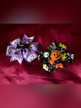 Halloween Ribbon Hair Bows - Purple & Black Pumpkin Ghost Designs
